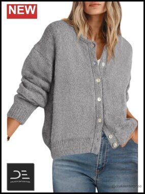 Open Front Chunky Cardigan Sweater Button Down Long Sleeve
